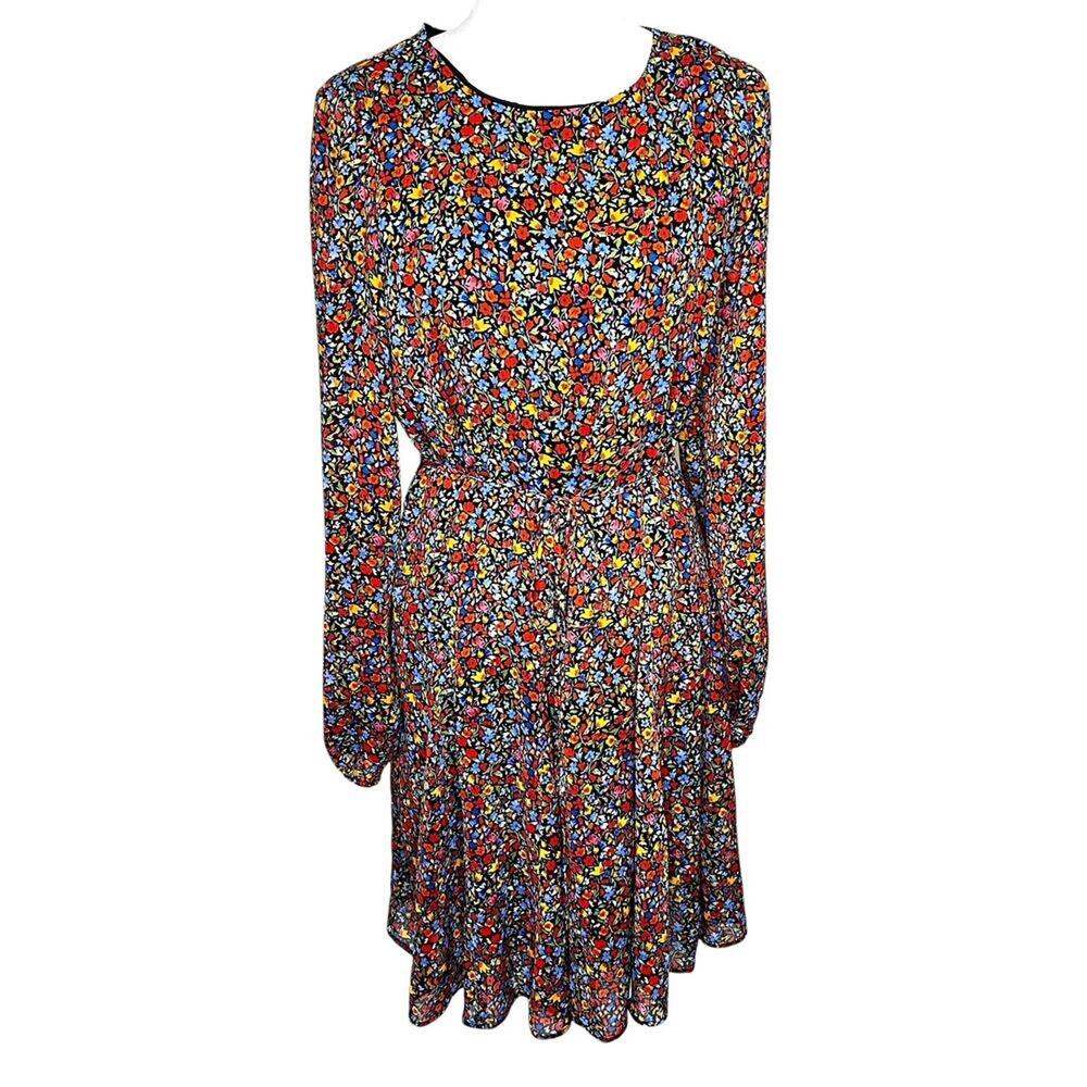 Tommy Hilfiger Black Bright Floral Print Midi Long Sleeve Feminine Dress